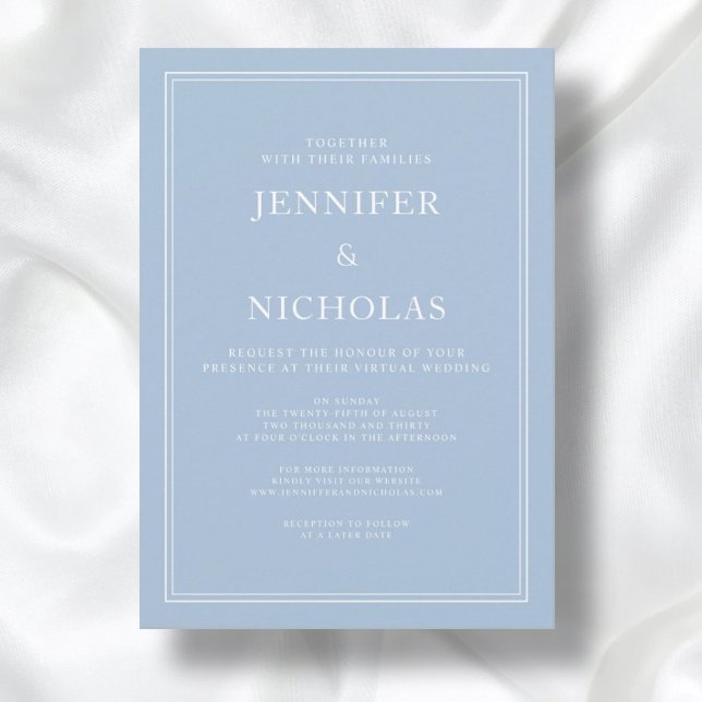 Convites Casamento Virtual Azul Pó Formal Elegante (Front / Modern Elegant Formal Powder Blue Virtual Wedding Invitation)