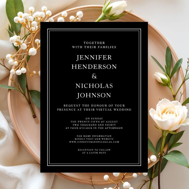 Convites Casamento Virtual Branco Branco Formal Clássico El (Elegant Classic Formal Black White Virtual Wedding Invitation)