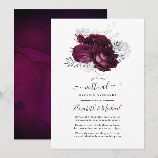 Convites Casamento Virtual Burgundy e Floral Prata (Frente/Verso)