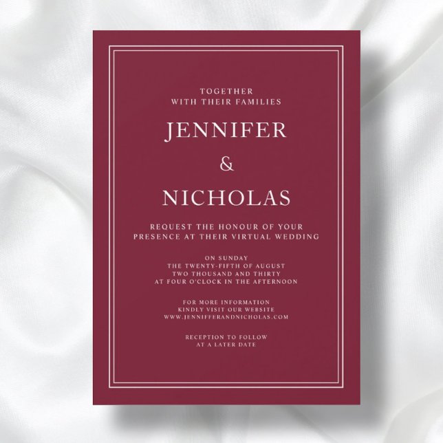 Convites Casamento Virtual Clássico Elegante Formal Burgund (Front / Classic Elegant Formal Burgundy Virtual Wedding Invitation)