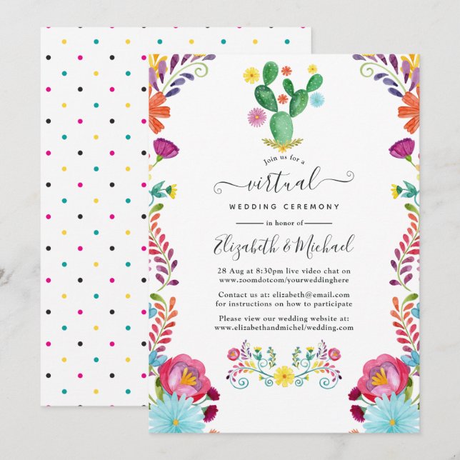 Convites Casamento Virtual Colorido Floral Fiesta em Aquare (Frente/Verso)