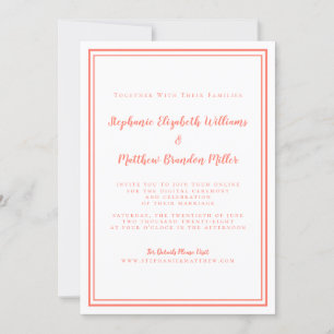 Convites Casamento Virtual Coral e Branco Minimalista Onlin
