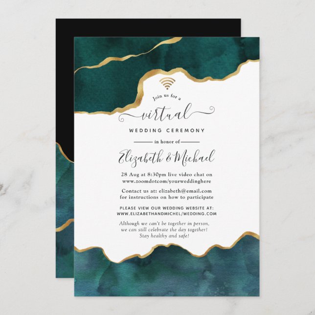 Convites Casamento Virtual de Águlo Teal e Dourado (Frente/Verso)