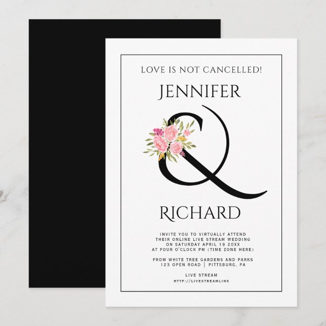 Convites Casamento virtual de ampersor branco preto Elegant (Frente/Verso)