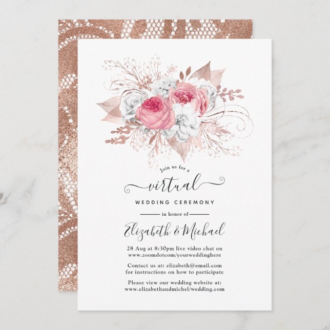 Convites Casamento Virtual de Blush e Rosa Dourado Floral e (Frente/Verso)