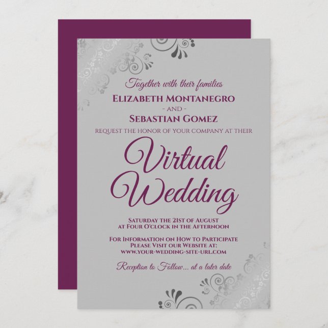 Convites Casamento Virtual de Cabos Prateados e Cinzas (Frente/Verso)