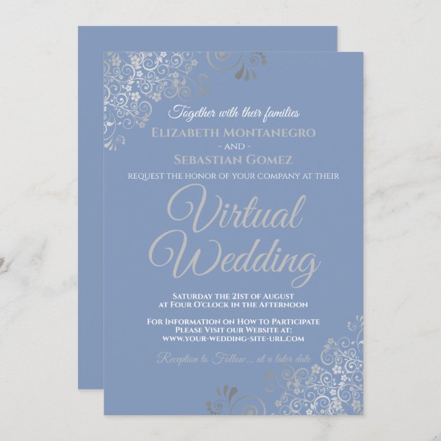 Convites Casamento Virtual de Cinzas e Azul-claro (Frente/Verso)