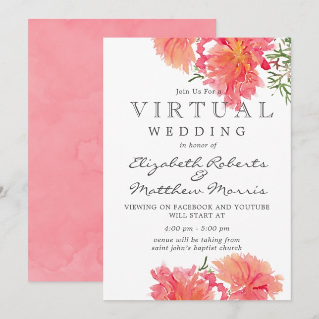 Convites Casamento Virtual de Dahlias Rosa e Coral (Frente/Verso)
