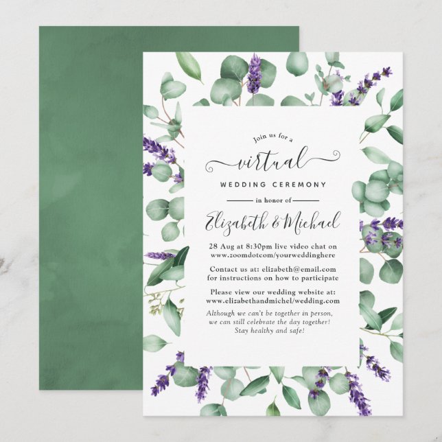 Convites Casamento Virtual de Eucalipto Lavanda (Frente/Verso)