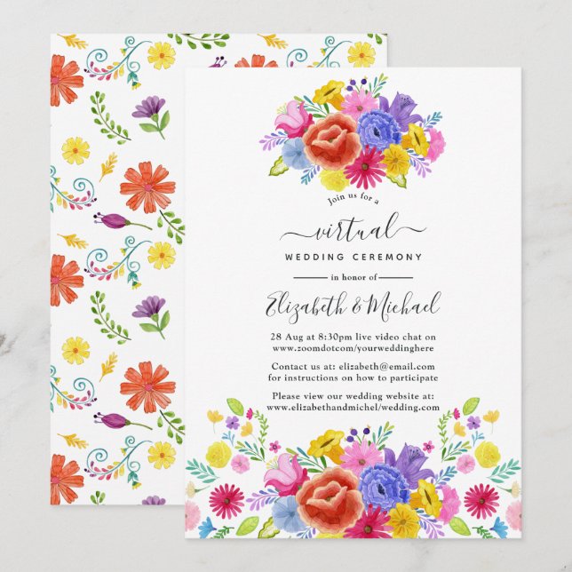 Convites Casamento Virtual de Fiesta Mexicana Floral em Aqu (Frente/Verso)
