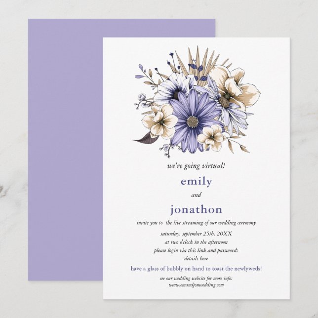 Convites Casamento Virtual de Folhagem Floral Lilac Waterco (Frente/Verso)