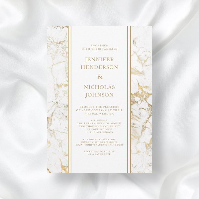 Convites Casamento Virtual de Marble Branco e Dourado Elega (Elegant White & Gold Marble Virtual Wedding Invitation)
