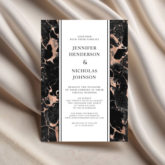 Convites Casamento Virtual De Marble Negro E Rosa Dourado F (Formal Black And Rose Gold Marble Virtual Wedding Invitation)