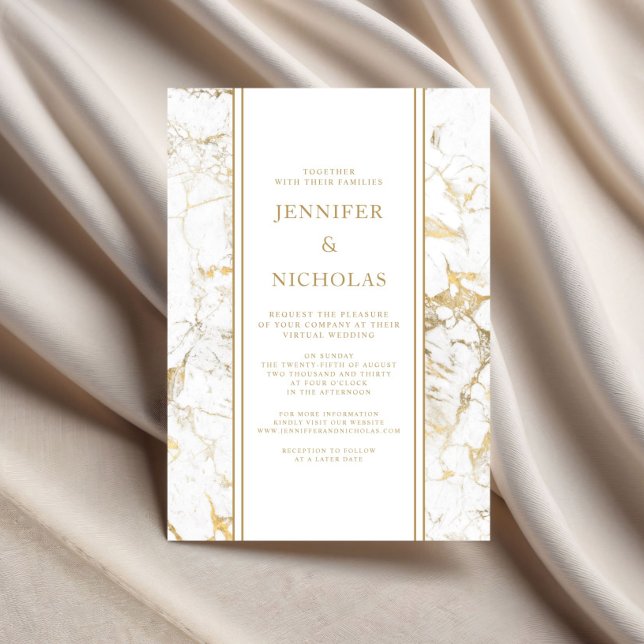Convites Casamento Virtual de Mármore Branco & Dourado Eleg (Elegant White & Gold Marble Virtual Wedding Invitation)
