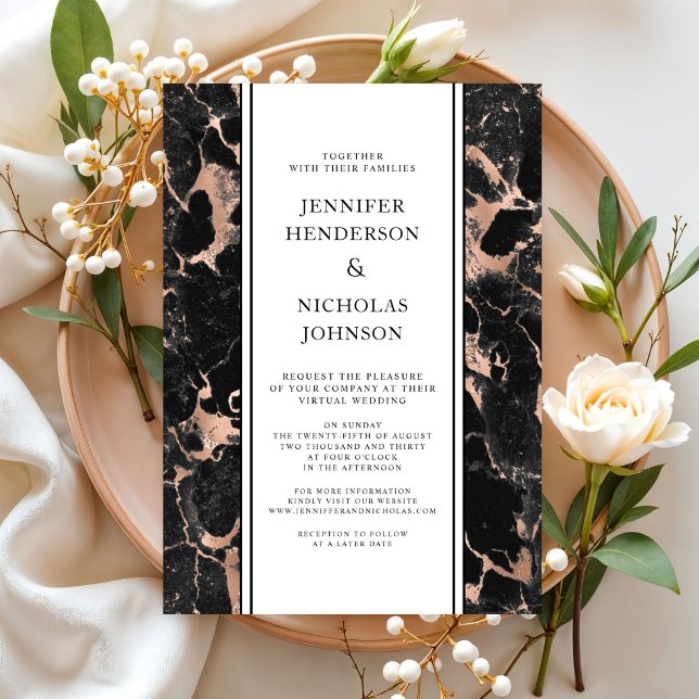 Convites Casamento Virtual de Mármore Preto e Dourado Rosa  (Formal Black And Rose Gold Marble Virtual Wedding Invitation)