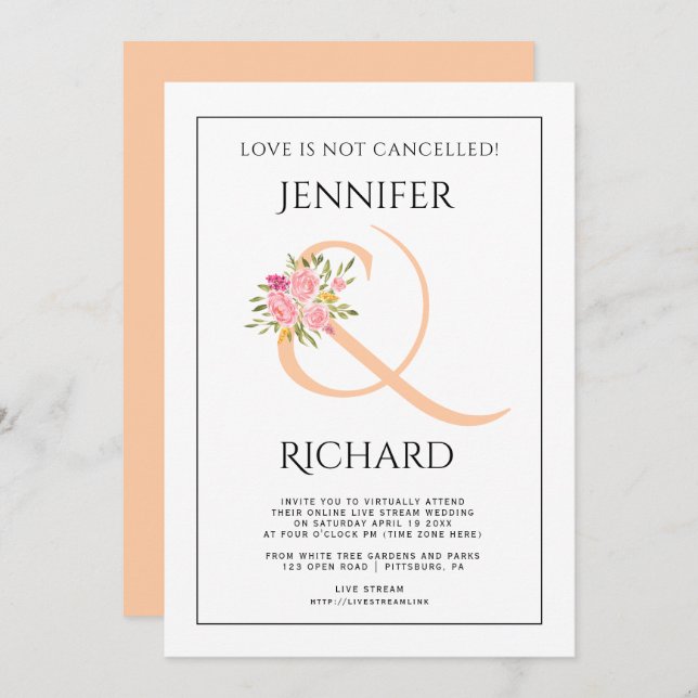 Convites Casamento virtual de pêssego e rosas rosa (Frente/Verso)