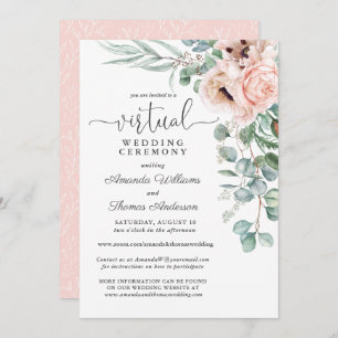 Convites Casamento Virtual de Poppies Florais Rosa e Beige