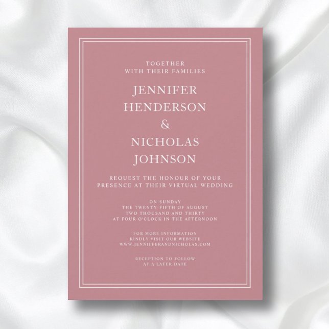 Convites Casamento Virtual de Rosa Formal Elegante Moderno (Front / Modern Elegant Formal Dusty Rose Virtual Wedding Invitation)