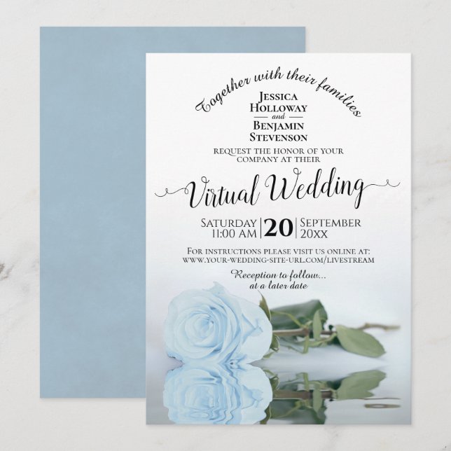 Convites Casamento Virtual de Rosa Romântico Azul Elegante (Frente/Verso)