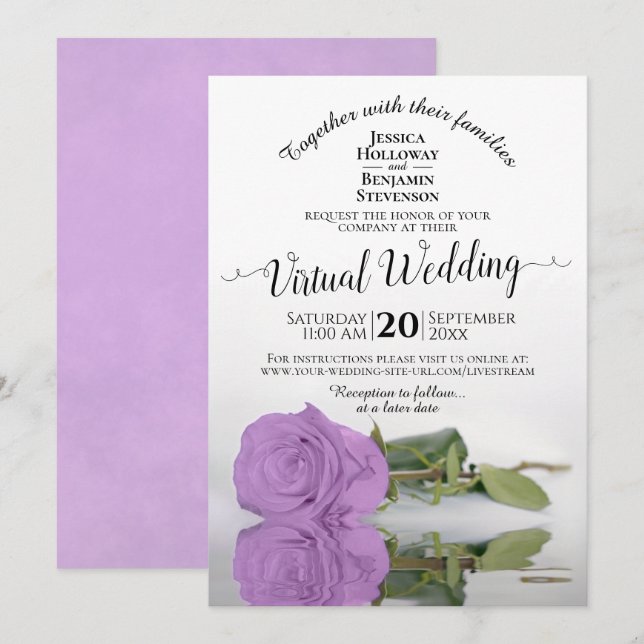 Convites Casamento Virtual de Rosa Romântico Lilac Purple E (Frente/Verso)