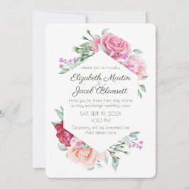 Convites Casamento Virtual de Rosas e Violetas Cor-de-Água
