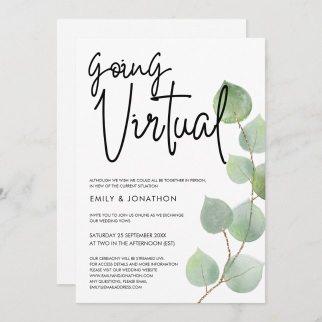 Convites Casamento Virtual de Script Eucalyptus Watercolor (Frente/Verso)