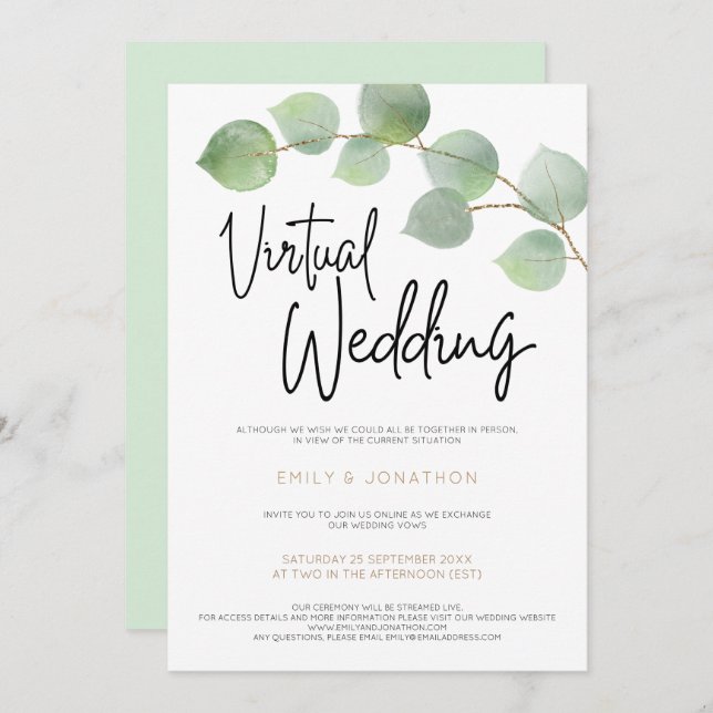 Convites Casamento Virtual de Script Moderno Eucalyptus Lea (Frente/Verso)
