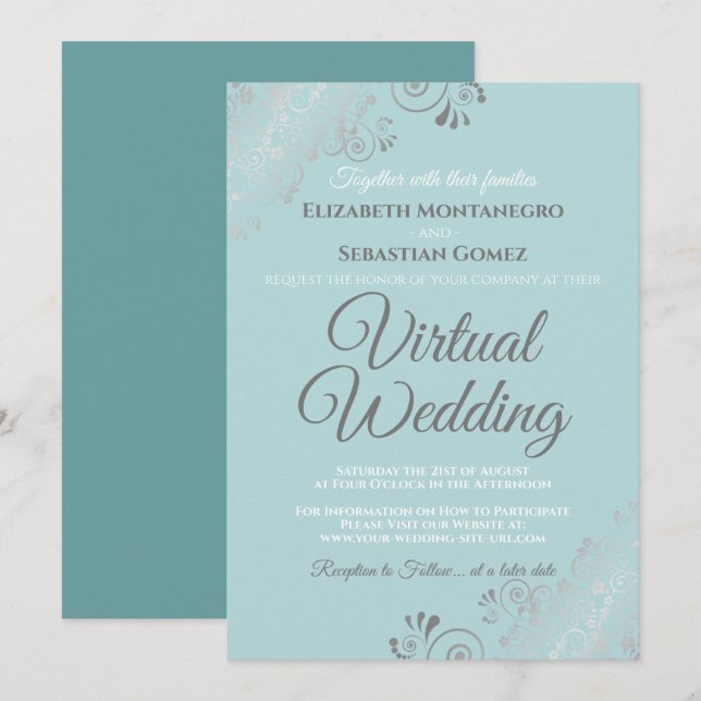 Convites Casamento Virtual de Silver Frills Pale Teal e Cin (Frente/Verso)