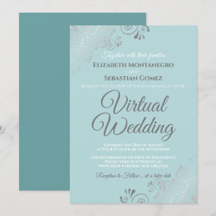 Convites Casamento Virtual de Silver Frills Pale Teal e Cin