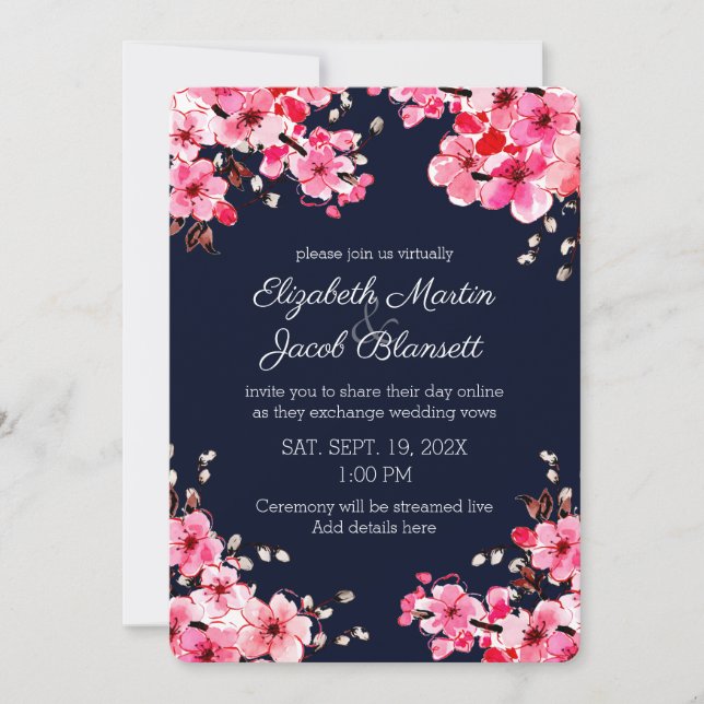 Convites Casamento Virtual de Watercolor Cherry Blossoms (Frente)