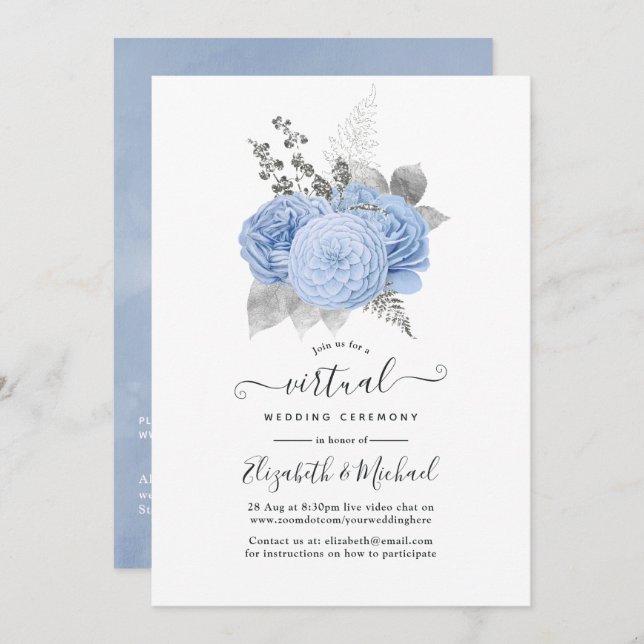Convites Casamento Virtual do Pastel Blue & Silver Vintage  (Frente/Verso)