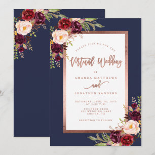 Convites Casamento virtual Dourado com Rosa Floral de Burgu