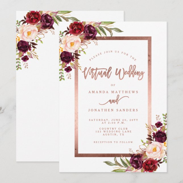 Convites Casamento Virtual Dourado do Rosa Floral Burgundy (Frente/Verso)