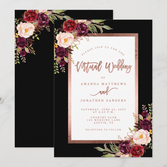 Convites Casamento Virtual Dourado do Rosa Floral da Burgun (Frente/Verso)