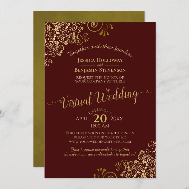 Convites Casamento Virtual Elegante Burgundy, Amigos Dourad (Frente/Verso)