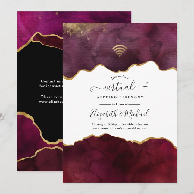 Convites Casamento Virtual em Ágata Burgundy e Dourado (Frente/Verso)