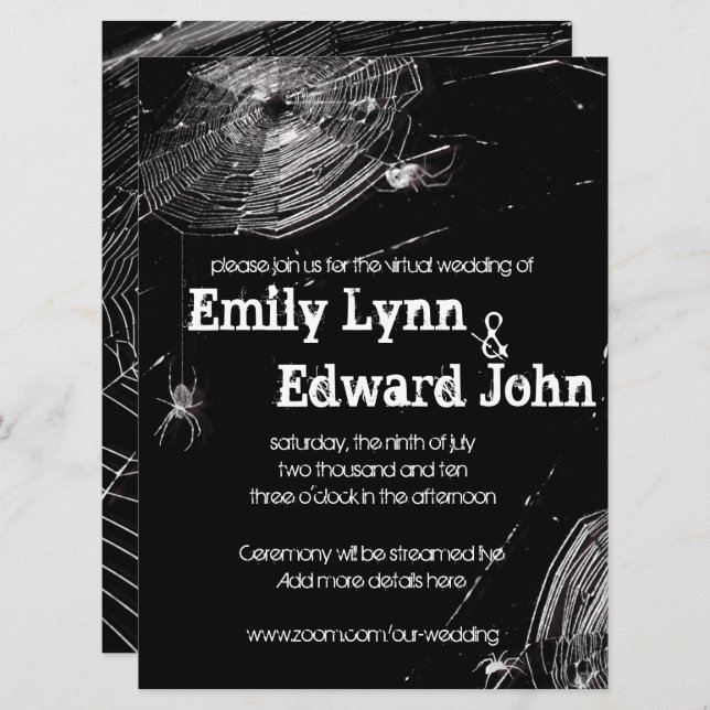 Convites Casamento Virtual entre Cobwebs e Aranhas Brancas (Frente/Verso)