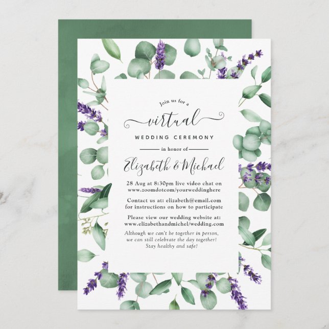 Convites Casamento Virtual Eucalyptus Lavanda Greenery (Frente/Verso)