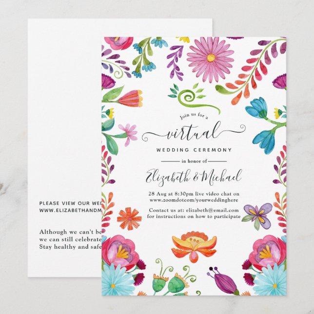 Convites Casamento Virtual Fiesta Mexicana Floral Aquarela (Frente/Verso)