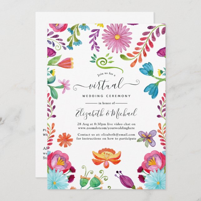 Convites Casamento Virtual Fiesta Mexicano Floral Watercolo (Frente/Verso)