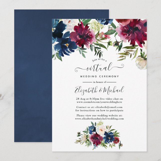 Convites Casamento Virtual Floral Bordo e Azul-Marinho (Frente/Verso)