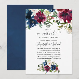 Convites Casamento Virtual Floral Bordo e Azul-Marinho