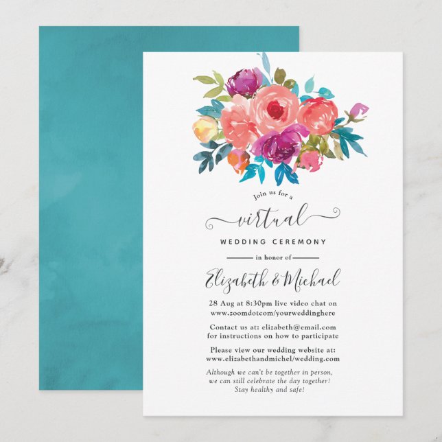 Convites Casamento Virtual Floral Coral, Turquesa e Roxo (Frente/Verso)