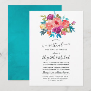 Convites Casamento Virtual Floral Coral, Turquesa e Roxo