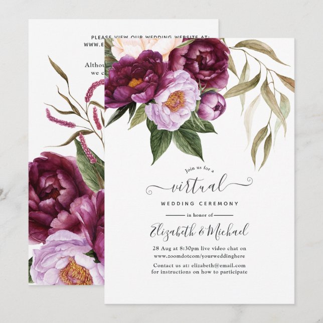 Convites Casamento Virtual Floral da Plum e Pastel Violet (Frente/Verso)