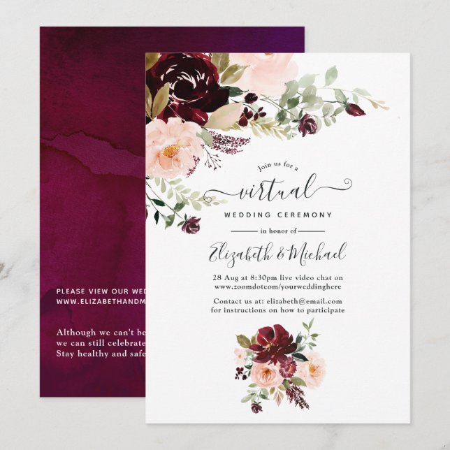 Convites Casamento Virtual Floral de Berinjela e Bege Borgo (Frente/Verso)
