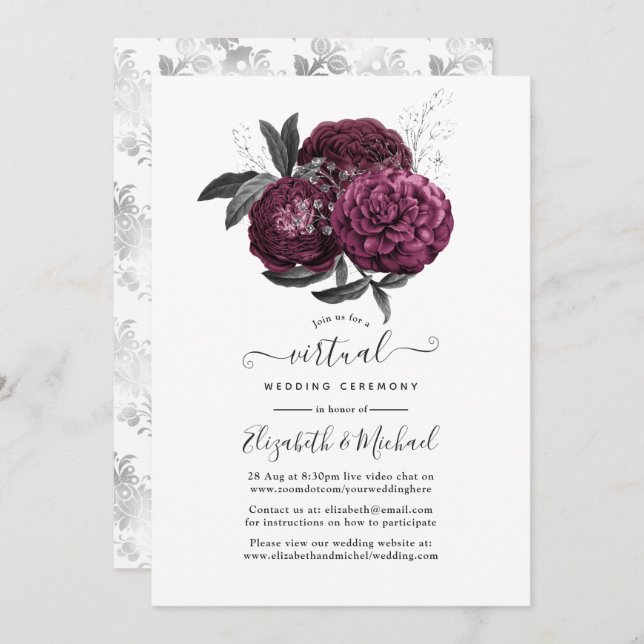Convites Casamento Virtual Floral de Marsala, Black e Silve (Frente/Verso)
