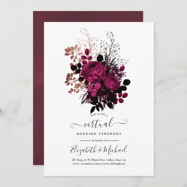 Convites Casamento Virtual Floral Dourado de Marsala e Rosa (Frente/Verso)
