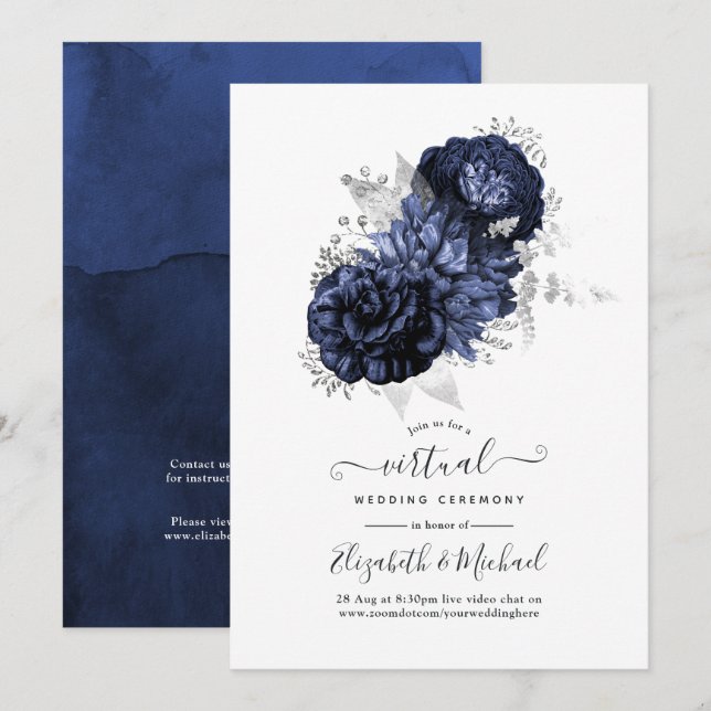 Convites Casamento Virtual Floral em Azul Marinho e Prata R (Frente/Verso)