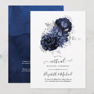 Convites Casamento Virtual Floral em Azul Marinho e Prata R